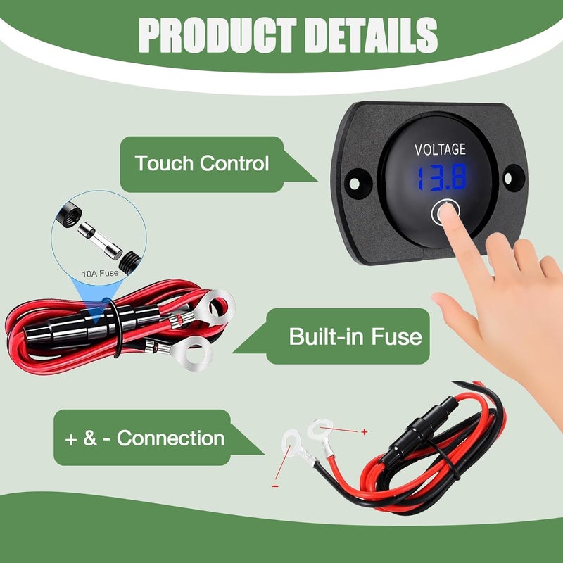 Sumklin 2PCS Blue Light Battery Voltage Gauge DC 12V 24V Digital Display Voltage Meter Waterproof Voltmeter with Touch Switch for Boat Marine ATV Car Motorcycle Truck Boat RV - Image 4